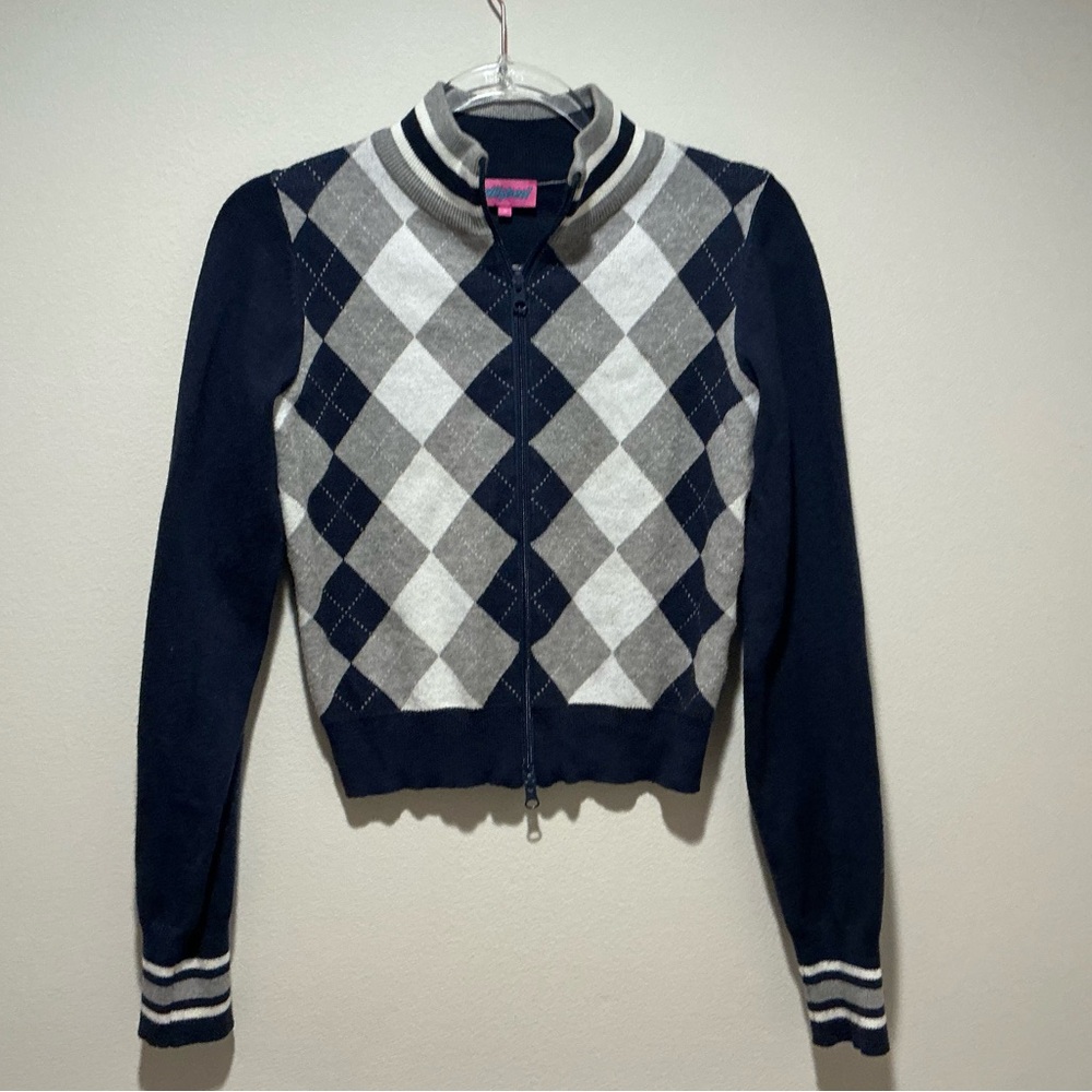 Edikted Navy and Gray Argyle Varsity Jacket